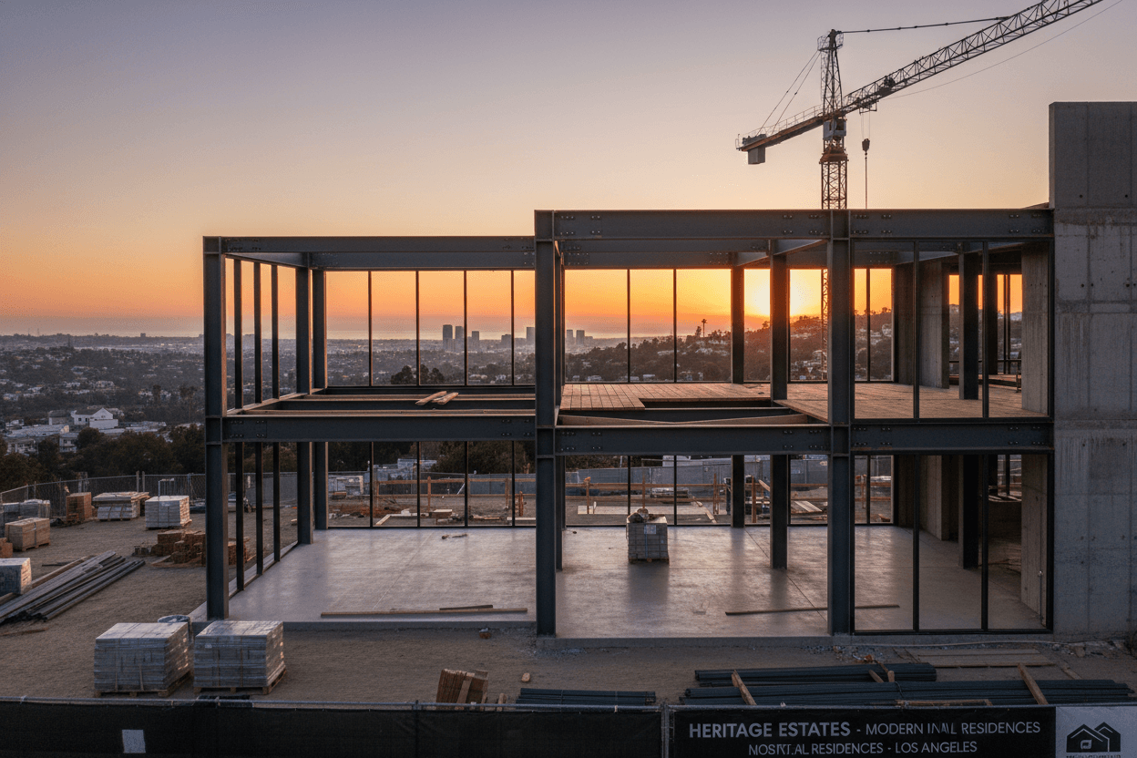 Residential construction site with wooden framing at golden hour